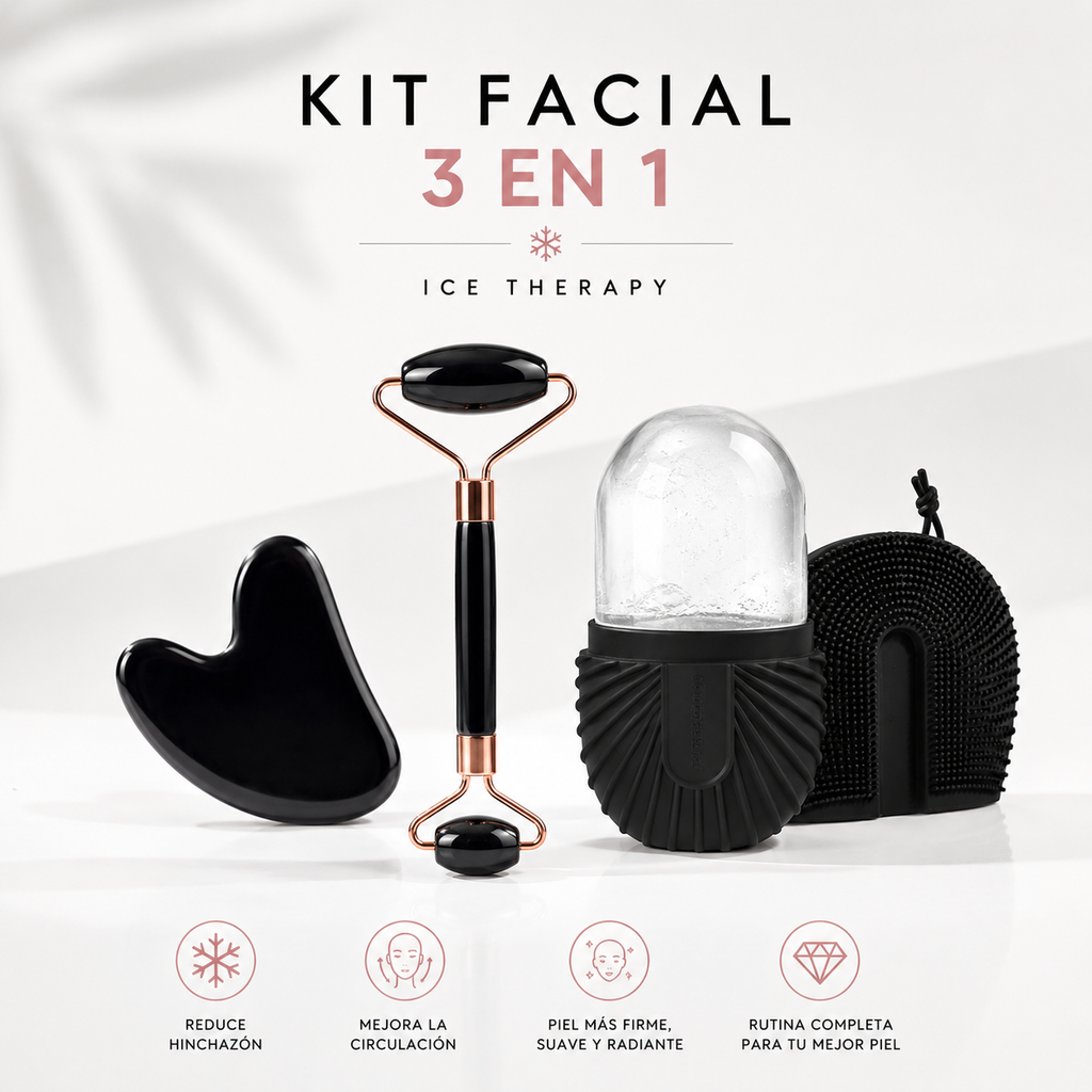 Kit Facial 3 en 1 Ice Therapy (Rodillo de Hielo + Gua Sha + Molde de Silicona Reutilizable)